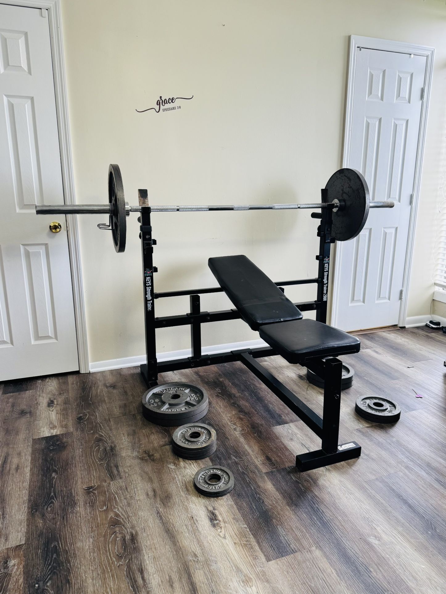 Weight Bench w/ Olympic Bar & ~200 lbs Standard Plates - Full Setup