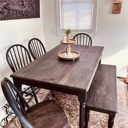 GORGEOUS refurbished farmhouse table, 4 chairs, and a sturdy bench.