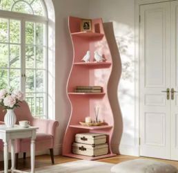 J0402 Modern 70 in. Tall Pink Wood 5-Shelf Corner Bookcase with Ample Storage and Space-Saving Design for Living Room, Office
