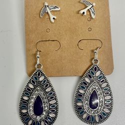 New 2 Pair, Purple Bird/Mosaic Dangle Earrings. 