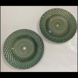 2 Peacock Feathers Glass Decorative Plate 8-1/4 In Across Gold & Teal Plate