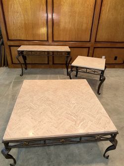 Matching Wrought Iron & Travertine Stone Table Set – Console, Coffee, & Side Tables