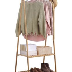 Bamboo Clothing Rack with Top Hanging Garment Rod, 2 Side Hooks & Bottom 2-Tier Shelves 