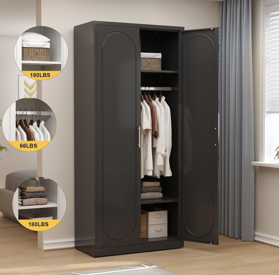 71" Metal Armoire Wardrobe Closet with Doors, Black
