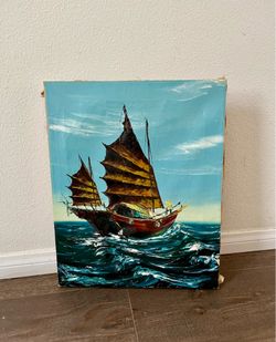 Mid Century Oil On Canvas Painting Depicting A Chinese Junk Boat On A Storm