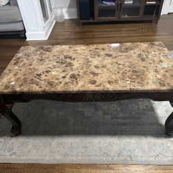     Elegant Marble Top Coffee Table with Carved Wood Base