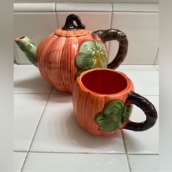 Vintage Pumpkin Teapot Tea Cup Halloween Fall Home Decor