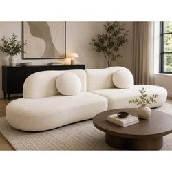 New 112” Curved Bouclé Sofa - White Cream Fabric – $1,400 Retail – Open Box – Delivery Available