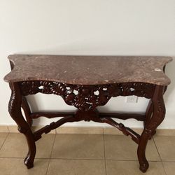 Console Table , with Marble top , cherry red wood finish 