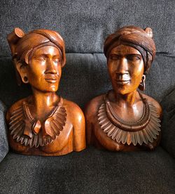 Pair of Hand-Carved Wooden Bust Sculptures 12"