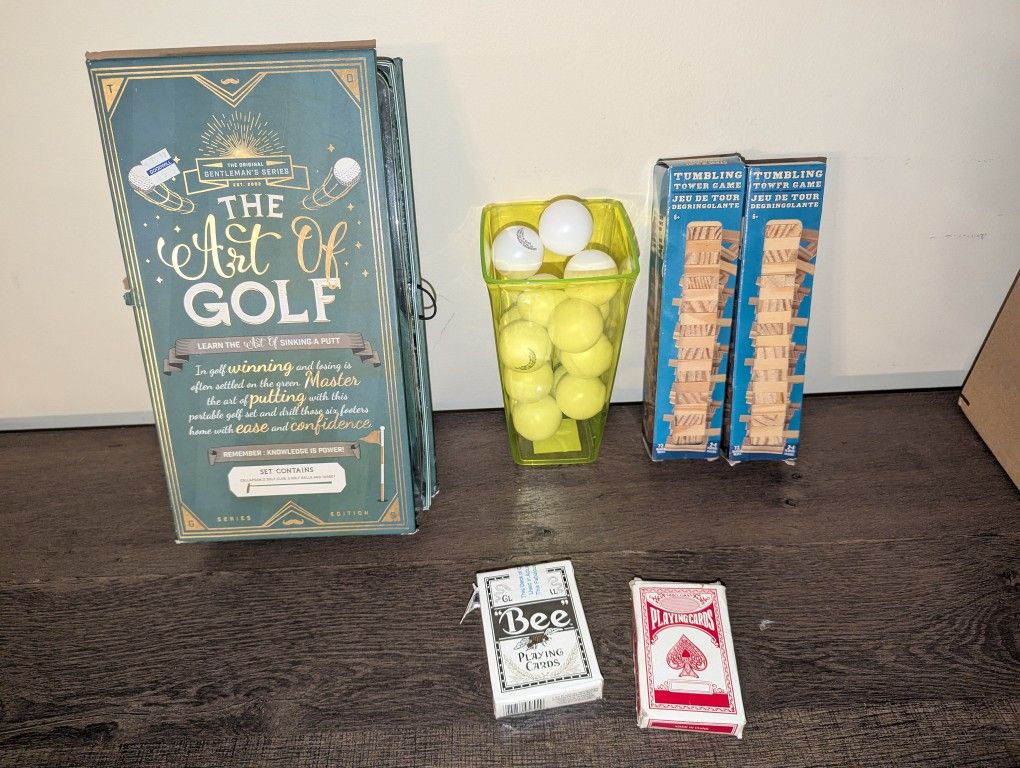Lot of (6) Games Indoor Golf, Mini Jenga-Like Game, Ping Pong Balls