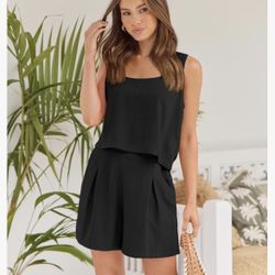 AUTOMET Women's Summer 2 Piece Linen Outfit, Black, Small