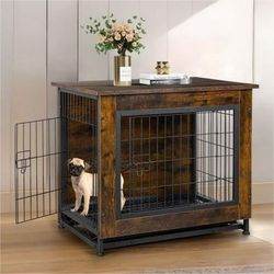 New Wooden Dog Crate Furniture,Double-Doors Kennel Indoor with Divider and Removable Tray,End Table Dog Crate for Decoration 27.2"L x 20.1"W x 23.6"H,