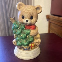 Vintage Ceramic Brown Teddy Bear, Holding A Christmas Tree Figurine music box