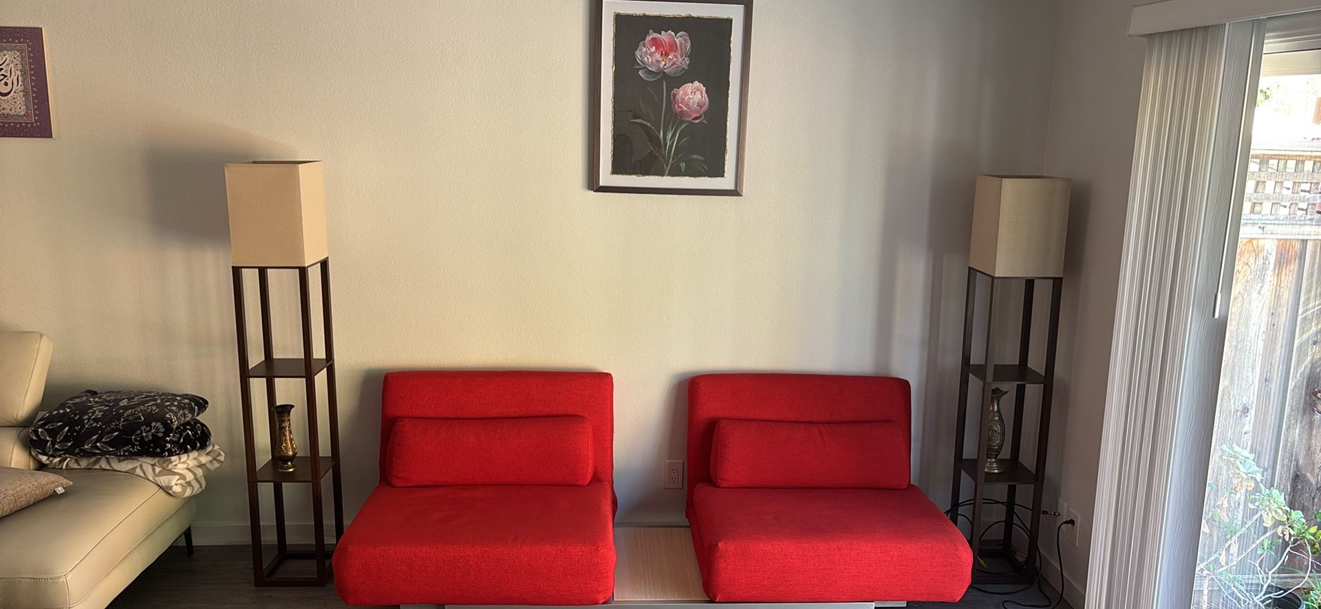 Modern Red Convertible Sofa Bed — Seats 2, Separates into 2 Beds + Center Table