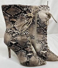 *EUC* Qupid Snake/Python Lace Up/Inside Zip Stiletto Mid Calf Boots Size 7.5