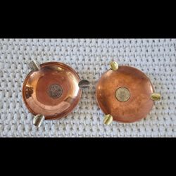 Vintage Handmade Brass Coin Ashtray Republica de Chile  Set Of 2