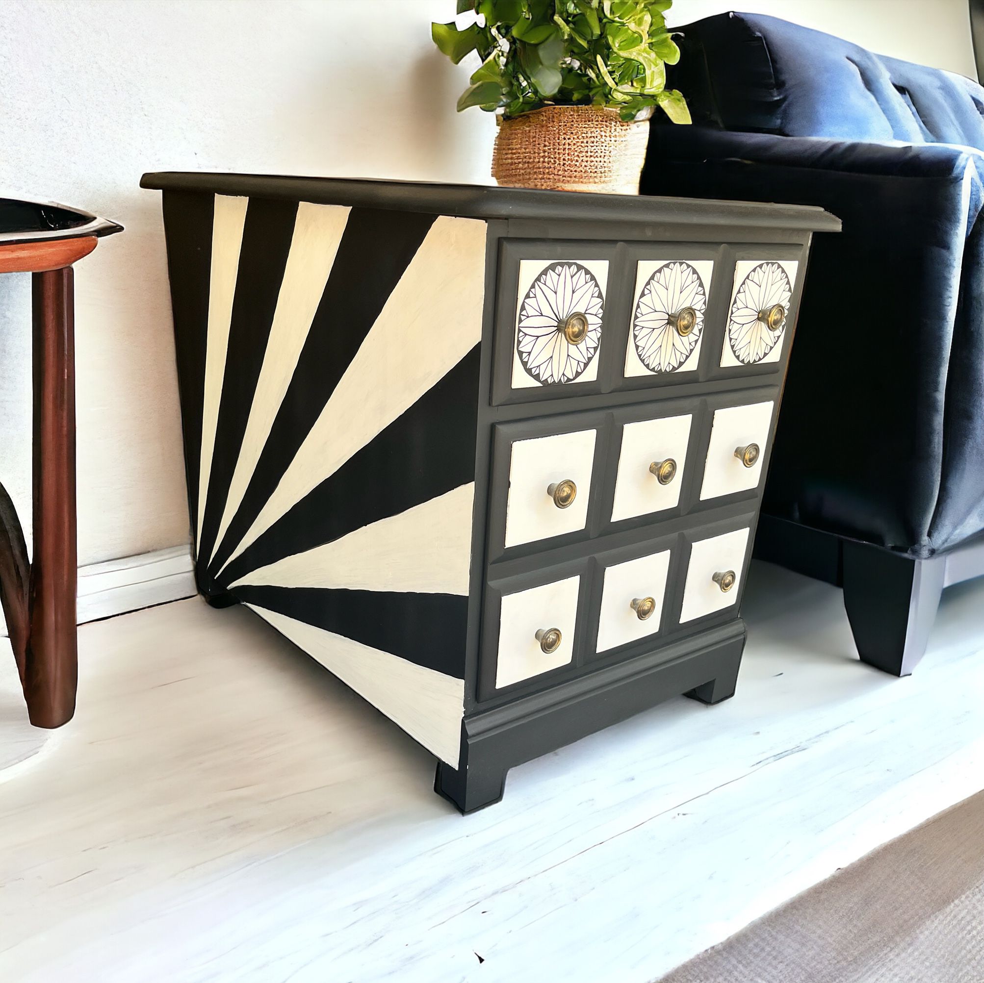Solid Wood Chalk Matte Black and White Accent Nightstand End Table with Metallic Gold Hardware and Design