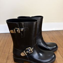 Vince Camuto Black Rubber Moto Rain Boots Gold Buckles Size 9