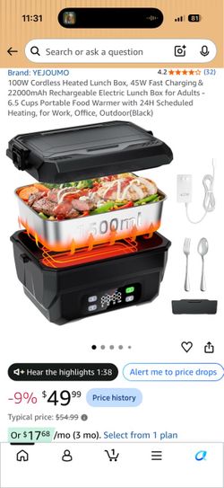 100W Cordless Heated Lunch Box, 45W Fast Charging＆22000mAh Rechargeable Electric Lunch Box for Adults - 6.5 Cups Portable Food Warmer with 24H Schedul