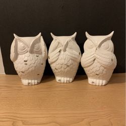 Owls ceramic hear speak see no evil 7” x 5” glaze loss on ears off See No  evil See photo  B18