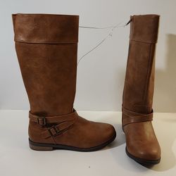 New CAT & JACK Riding Boots Luz Brown 2 Buckle Knee High Low Block Heel Zip- Girls 4