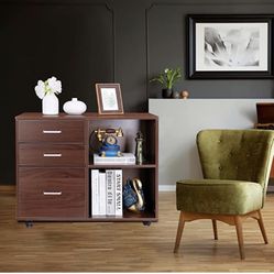  3 Drawer Wood File Cabinet, Mobile Lateral Filing Cabinet,Rolling Printer Stand with Open Storage Shelves, Brown