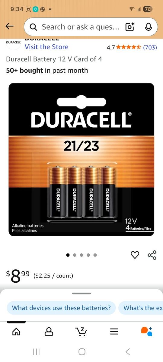 Duracell Battery 12 V Card of 4