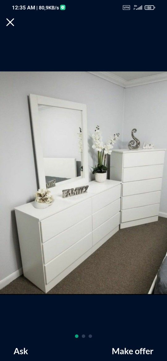Dresser With Mirror And Chest White /// Cómoda Con Espejo Y Gavetero