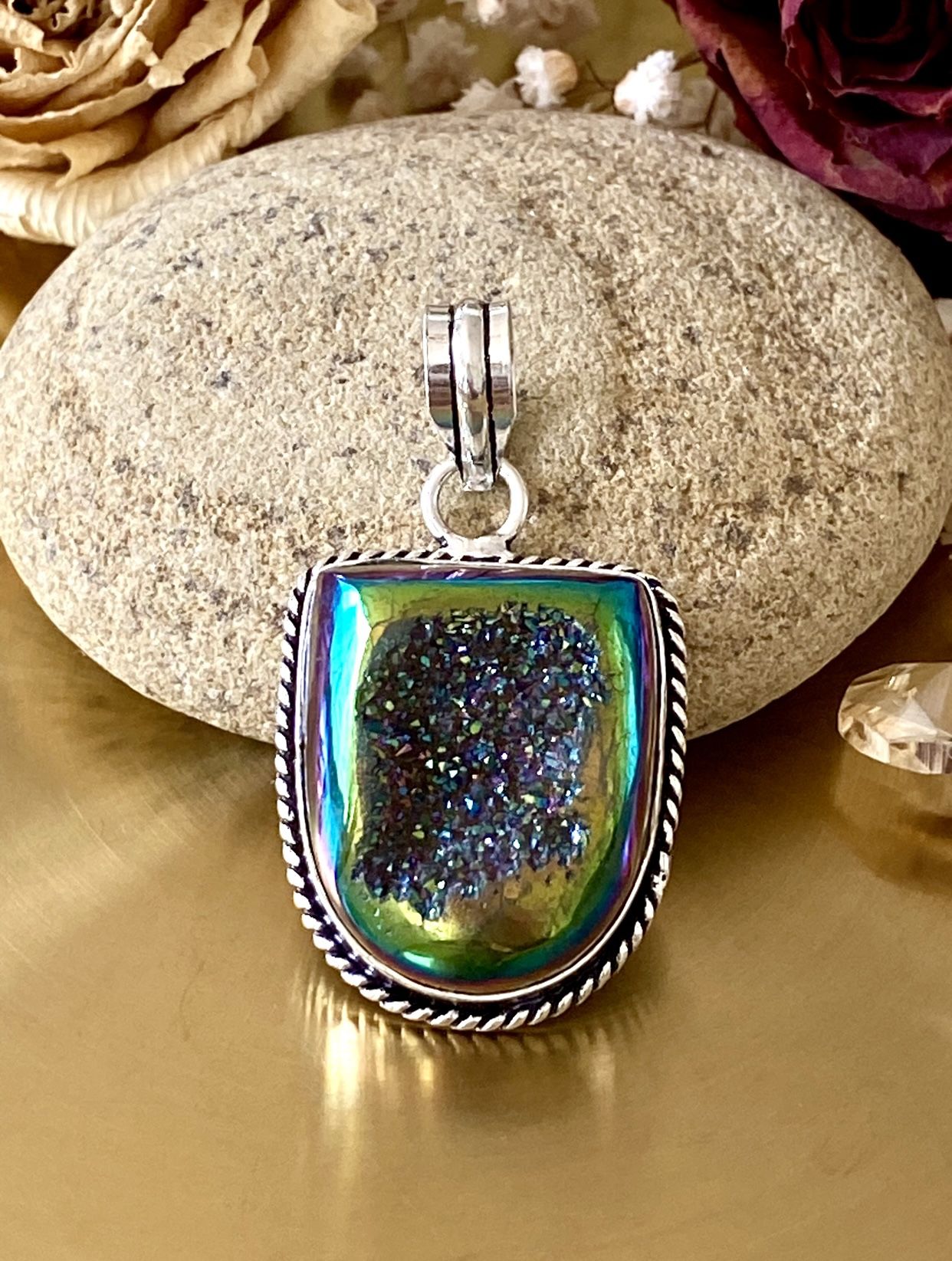 Titanium Druzy 925 Sterling Silver Overlay Handcrafted Pendant