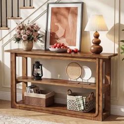 55" Solid Wood Console Table with 3-Tier Storage, Farmhouse Narrow Entryway Sofa Table
