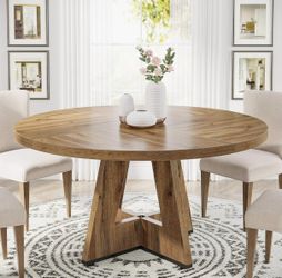 XK00546X Round Dining Table for 4, 47" Wood Kitchen Table Farmhouse Dinner Table No Chairs