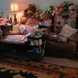 Brown Suede Recliner and movie theater 2 seat sofa with cup holders