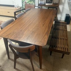 Crate & Barrel Tate Walnut Extendable Dining Table + Chairs + Bench (Mid Century)