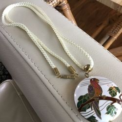 White Cloisonne Round Pendant With Bird Parrott Design On White Cord Chain