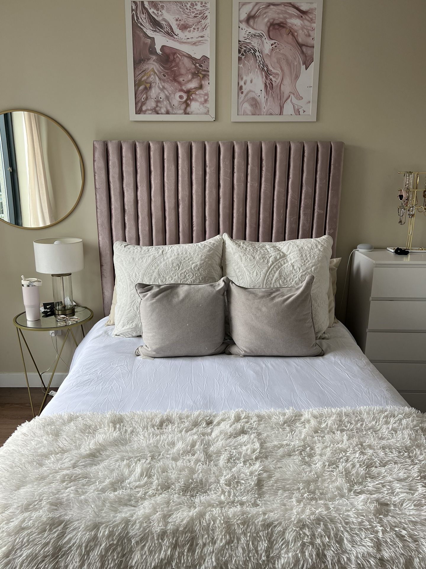 Full Sized Bed With Tall Mauve Headboard