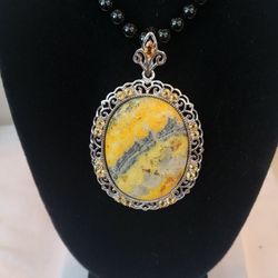 Large Bumblebee Jasper Pendant On Beaded Chain.