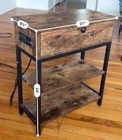 Rustic Industrial End Table with USB Ports & Power Outlets