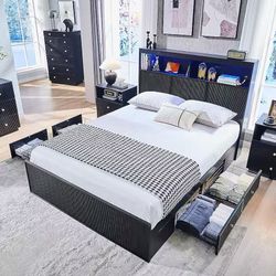 Modern Queen Size Bed Frame with Headboard Lights and Charging Station