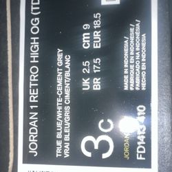 Jordan Retro High Tru Blu Size 3C 