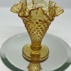 Vintage Yellow Amber Fenton Glass Hob Nail Small Cone Trumpet Vase Miniature 4”