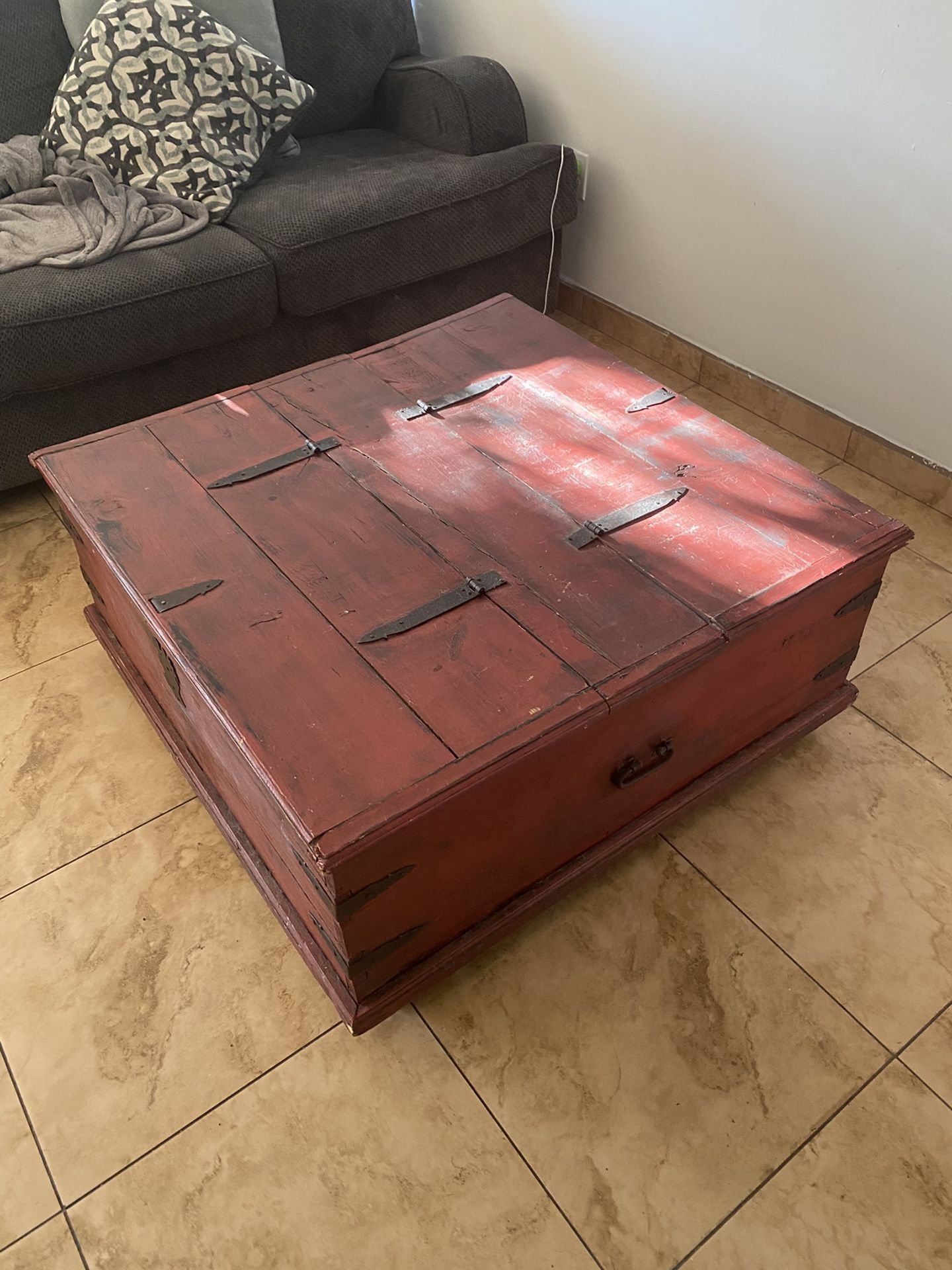 Red Rustic Wooden Coffee Table With Compartments 