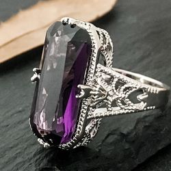 Elegant Luxury 925 sterling Silver Amethyst Wedding Ring 