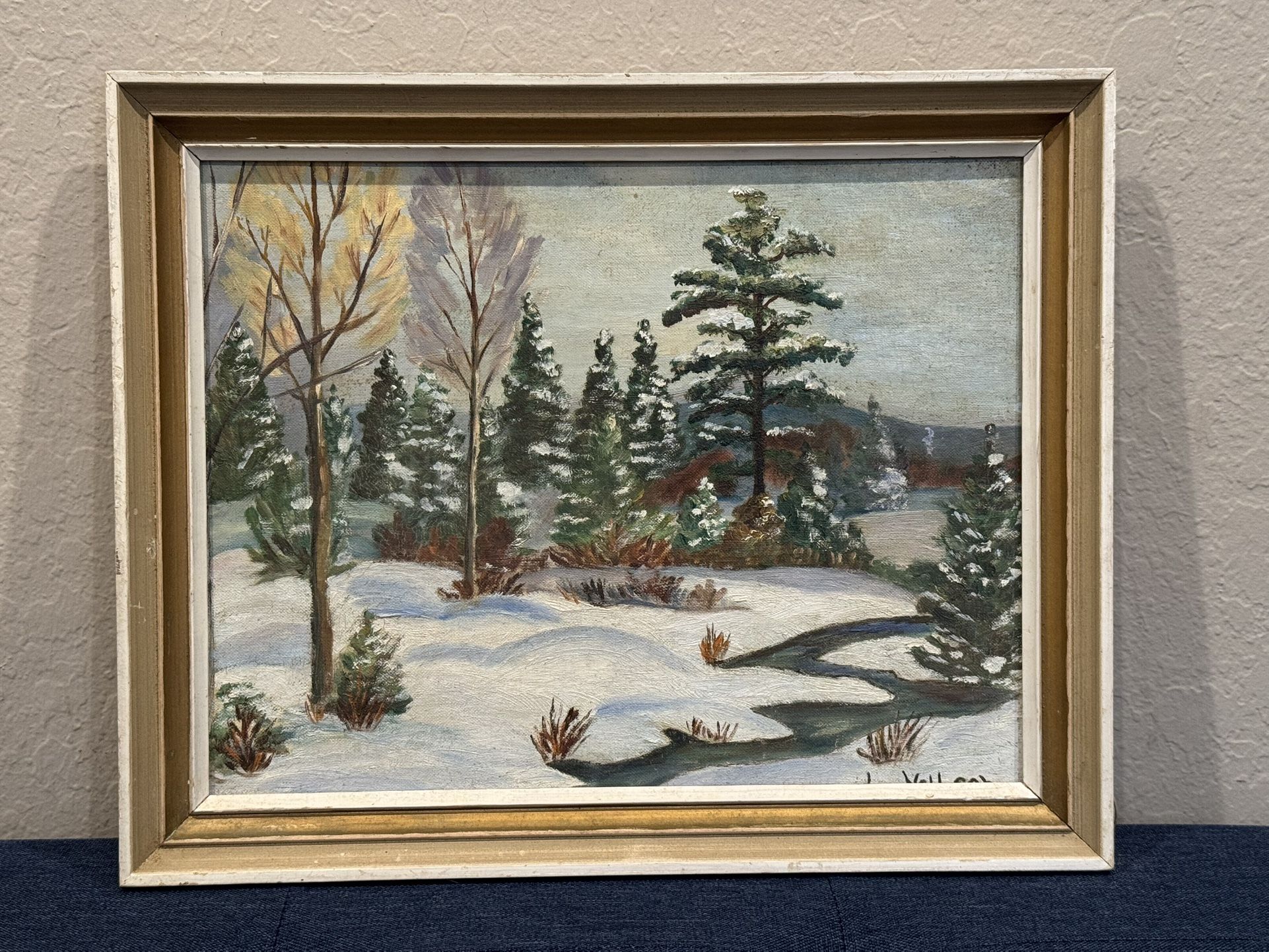 Incredible Midcentury Winter River Forest Landscape Oil Painting by L. Neilson