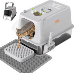 Anywish XL Stainless Steel Cat Litter Box – Enclosed Metal Litter Box with Scoop & Double-Layer Mat, Light & Dark Gray