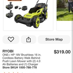 RYOBI ONE+ HP 18V Brushless 16 in. Cordless Battery Walk Behind Push Lawn Mower with (2) 4.0 Ah Batteries and (1) Charger