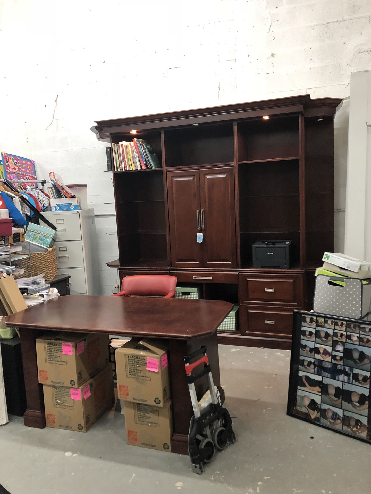 Custom made solid wood computer cabinet with 4 file drawers and desk//Huge Warehouse Sale