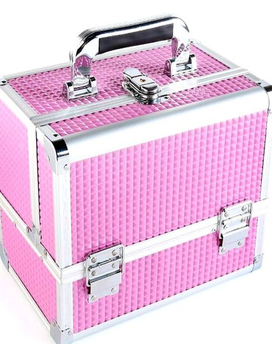 Makeup Storage Organizer Box Durable PU & Aluminum Frame with 3 Trays, Mirror, Brush Holder and Key Lock - Pink