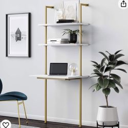  Wall Mount Desk With Shelves, White/Gold Brass