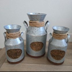 Vintage Decorative Milk Can Metal Vase. Set Of 3